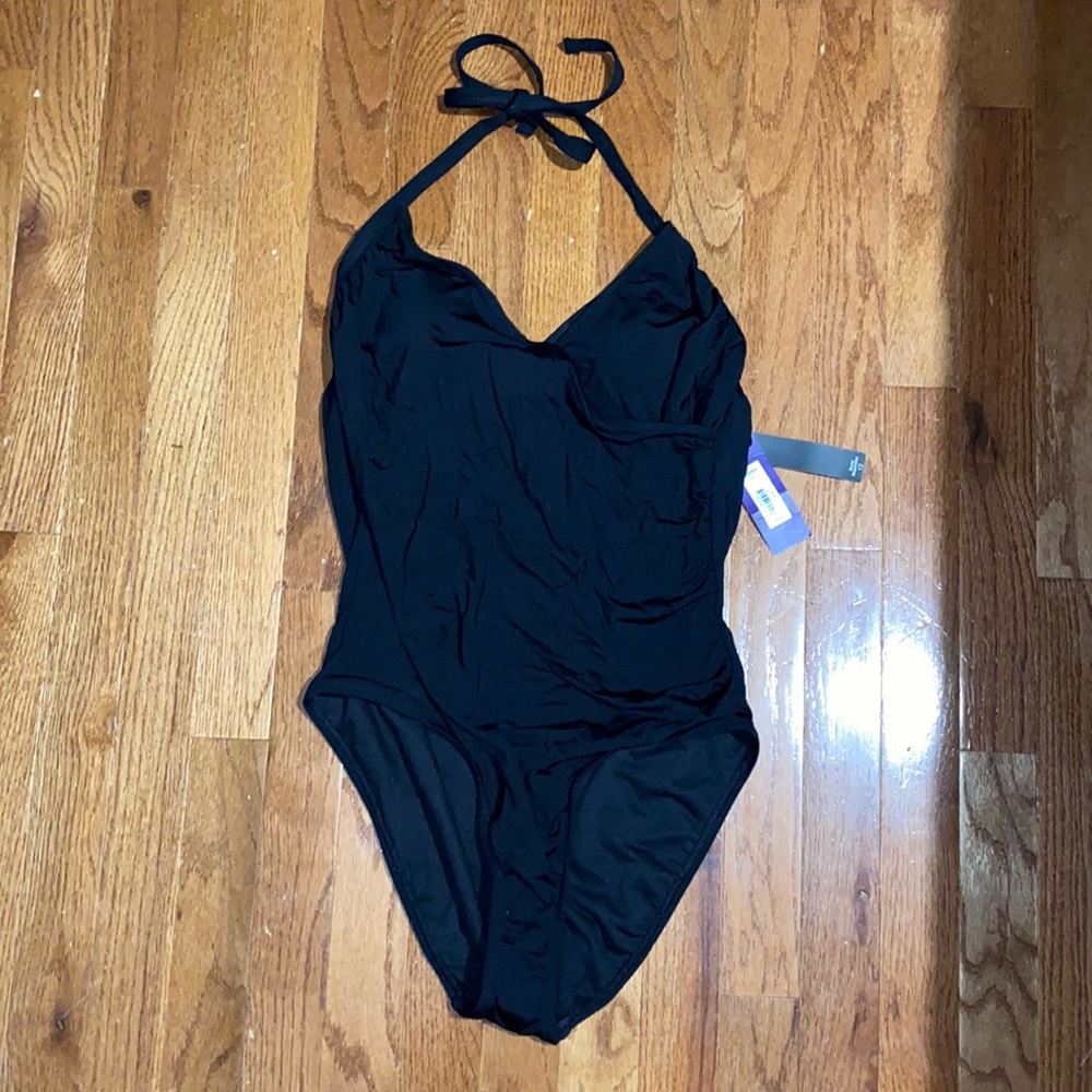 Women’s Apt 9 black faux wrap one piece swimsuit, halter.